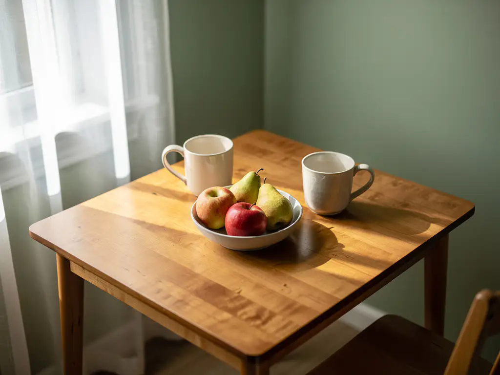 Pieni puinen ruokapöytä kahdella keraamisella mukilla ja hedelmäkulholla, pehmeä luonnonvalo läpikuultavan verhon läpi lämpimällä koivupinnalla.
