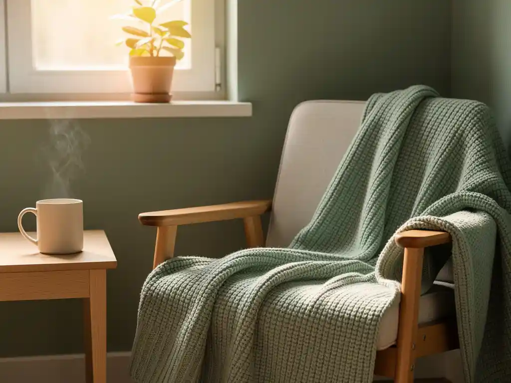 Neulepeitolla päällystetty puinen nojatuoli olohuoneen nurkassa, höyryävä keramiikkamuki sivupöydällä ja ikkunalaudalla kasvi pehmeässä iltapäivävalossa.